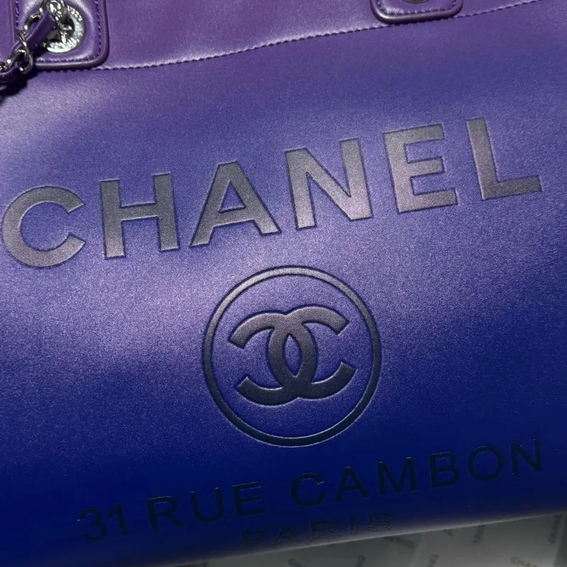 Chanel AS3351 Shopping Bag Shaded Calfskin & Silver Tone Metal Purple, Blue & Dark Blue
