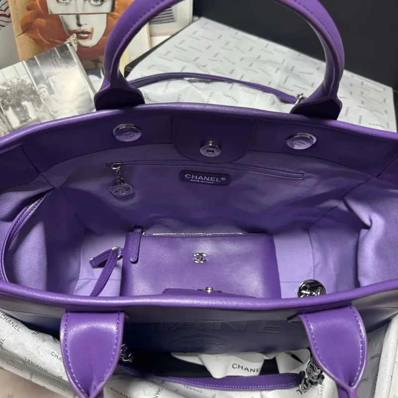 Chanel AS3351 Shopping Bag Shaded Calfskin & Silver Tone Metal Purple, Blue & Dark Blue