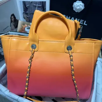 Chanel AS3351 Shopping Bag Shaded Calfskin & Silver Tone Metal Orange Coral & Pink