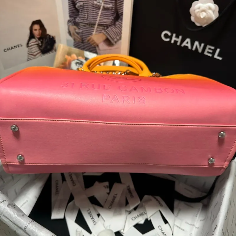 Chanel AS3351 Shopping Bag Shaded Calfskin & Silver Tone Metal Orange Coral & Pink