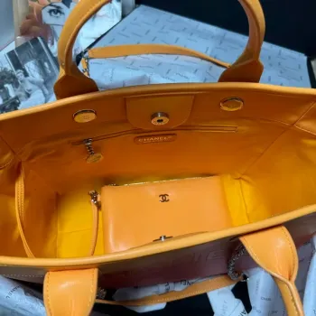 Chanel AS3351 Shopping Bag Shaded Calfskin & Silver Tone Metal Orange Coral & Pink