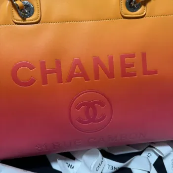 Chanel AS3351 Shopping Bag Shaded Calfskin & Silver Tone Metal Orange Coral & Pink