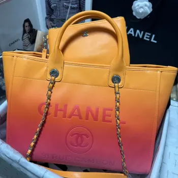 Chanel AS3351 Shopping Bag Shaded Calfskin & Silver Tone Metal Orange Coral & Pink