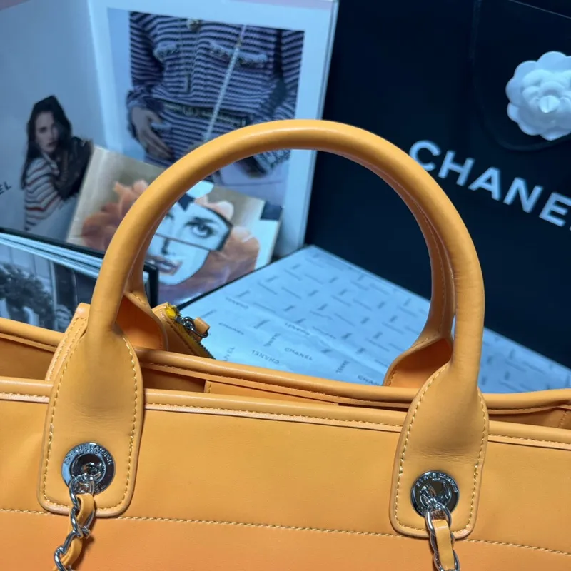 Chanel AS3351 Shopping Bag Shaded Calfskin & Silver Tone Metal Orange Coral & Pink