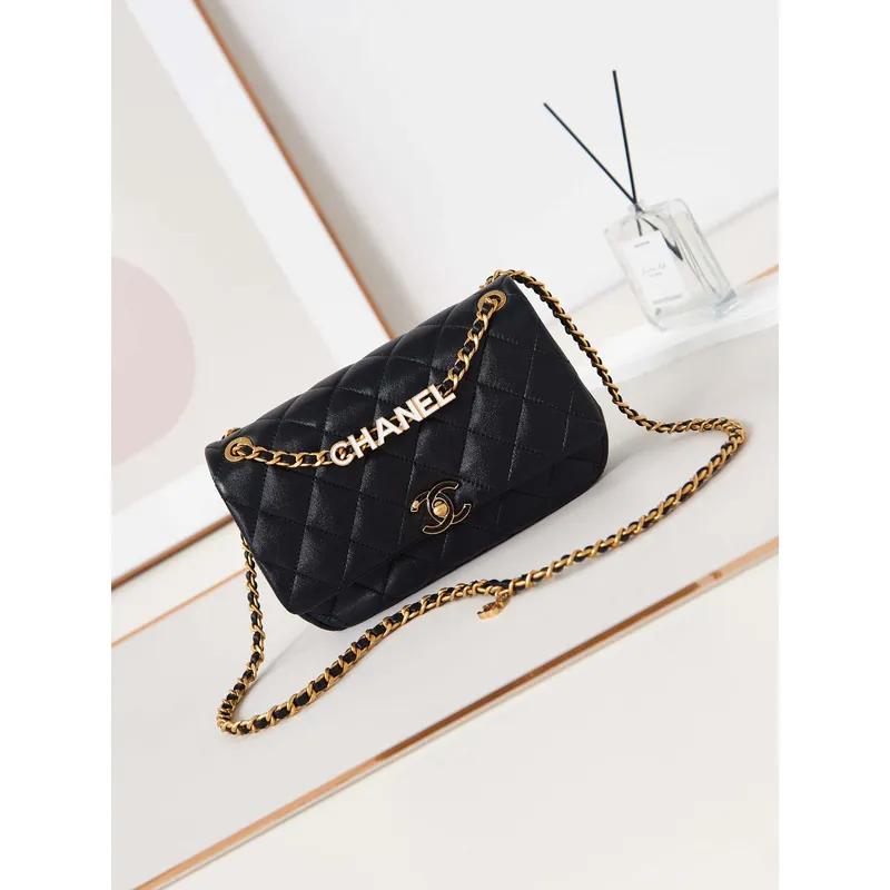 Chanel AS4740 Small Flap Bag Lambskin Lacquer & Gold Tone Metal Black