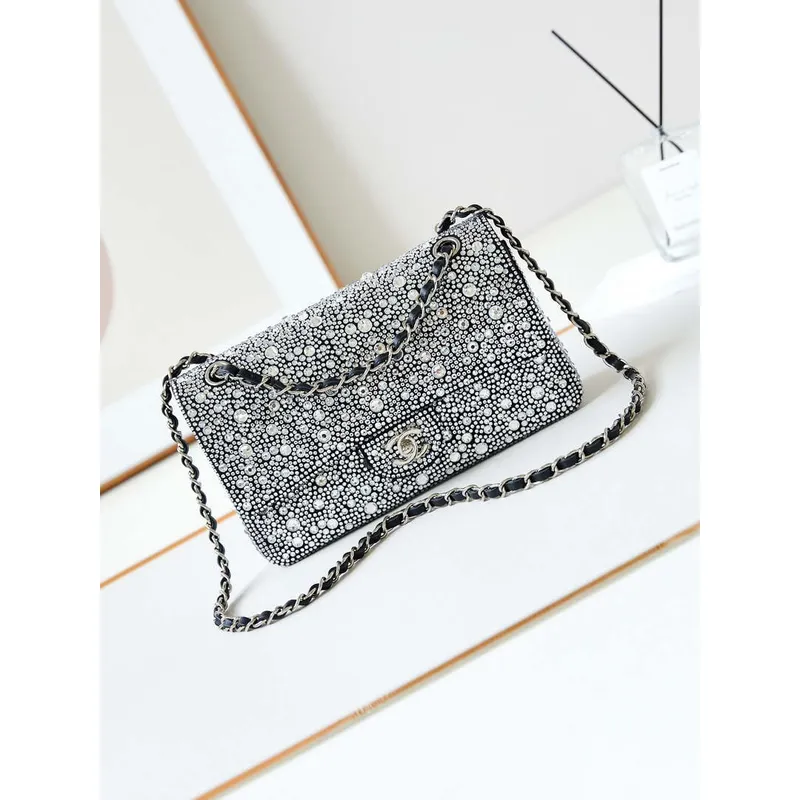 Chanel 24SS A01112 Flap Classic Handbag Large diamond inlaid Silver