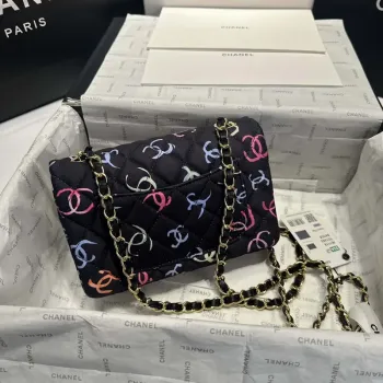 Chanel AS1116 Printed Fabric & Gold Metal Black & Multicolour