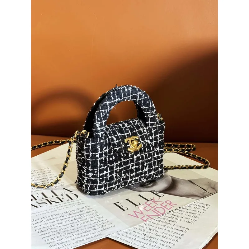 Chanel AP3435 CLUTCH WITH CHAIN Sequin Embroidered Tweed & Gold Tone Metal Black White & Silver
