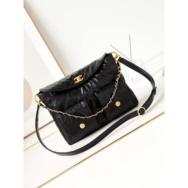 Chanel AS4668 Large Hobo Bag Shiny Calfskin & Gold Tone Metal Black