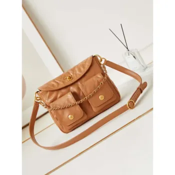 Chanel AS4743 Hobo Handbag Shiny Calfskin & Gold Tone Metal Camel