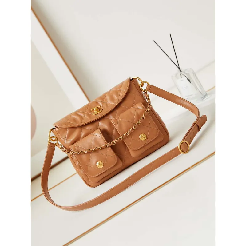 Chanel AS4743 Hobo Handbag Shiny Calfskin & Gold Tone Metal Camel