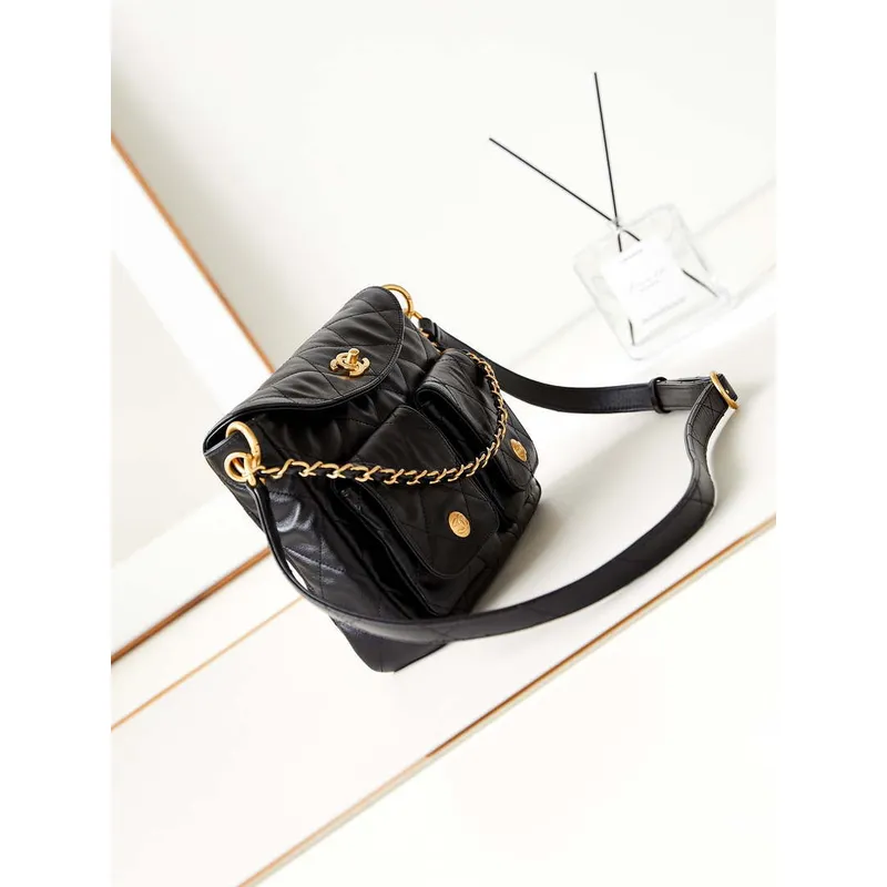 Chanel AS4743 Hobo Handbag Shiny Calfskin & Gold Tone Metal Black