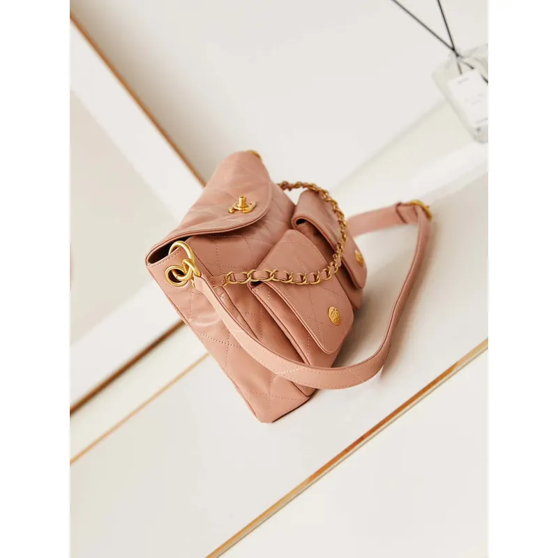 Chanel AS4743 Hobo Handbag Shiny Calfskin & Gold Tone Metal Pink