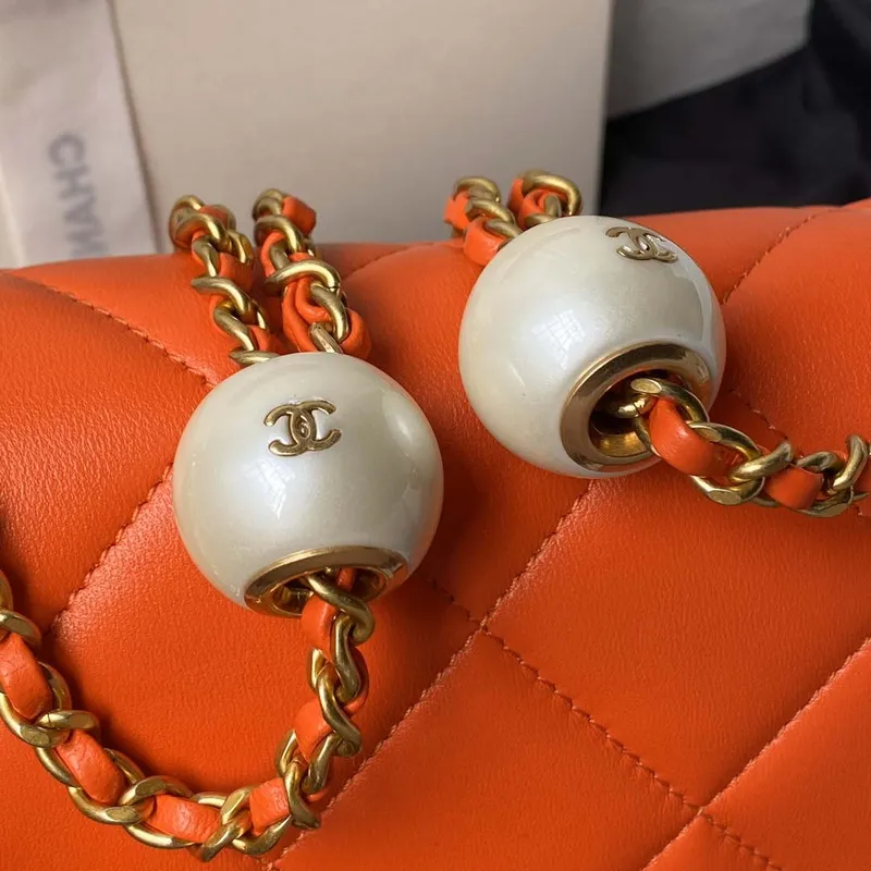 Chanel AS4861 Small Flap Bag Pearly Lambskin Imitation Pearls & Gold Tone Metal Orange