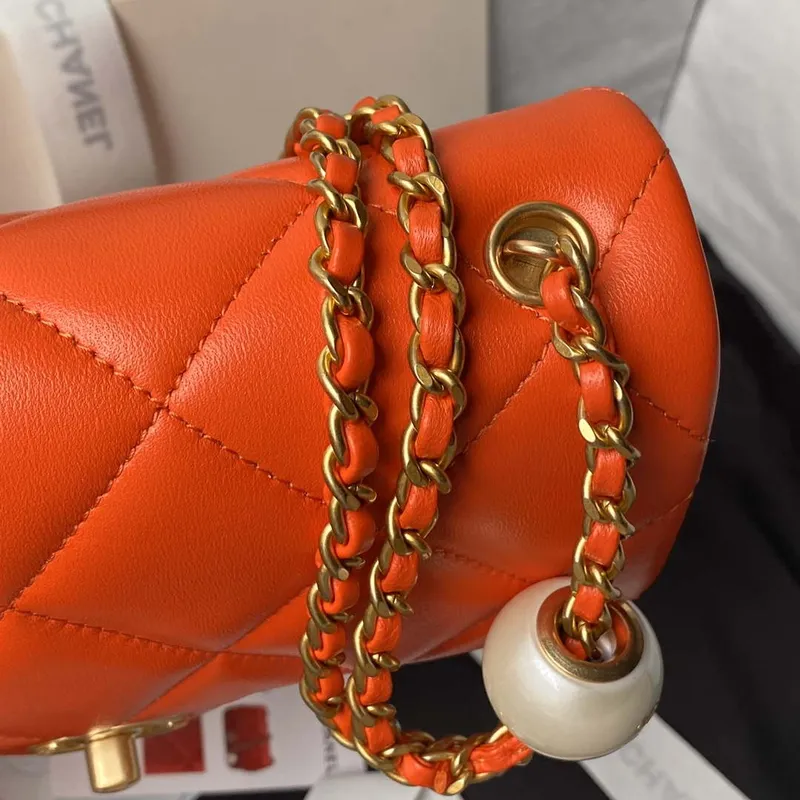 Chanel AS4861 Small Flap Bag Pearly Lambskin Imitation Pearls & Gold Tone Metal Orange