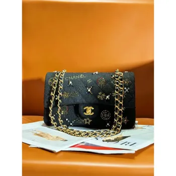 Chanel 24C A01112 Flap Classic Handbag Tweed & Gold Tone Metal Black