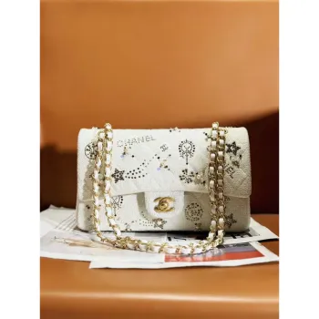 Chanel A01112 Flap Classic Handbag Tweed & Gold Tone Metal Beige