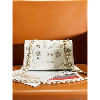 Chanel A01112 Flap Classic Handbag Tweed & Gold Tone Metal Beige