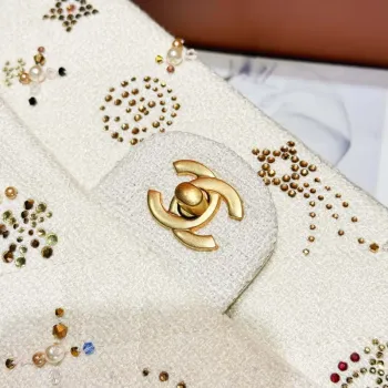 Chanel A01112 Flap Classic Handbag Tweed & Gold Tone Metal Beige