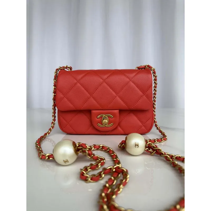 Chanel AS4868 Mini Flap Bag Pearly Lambskin Imitation Pearls & Gold Tone Metal Red