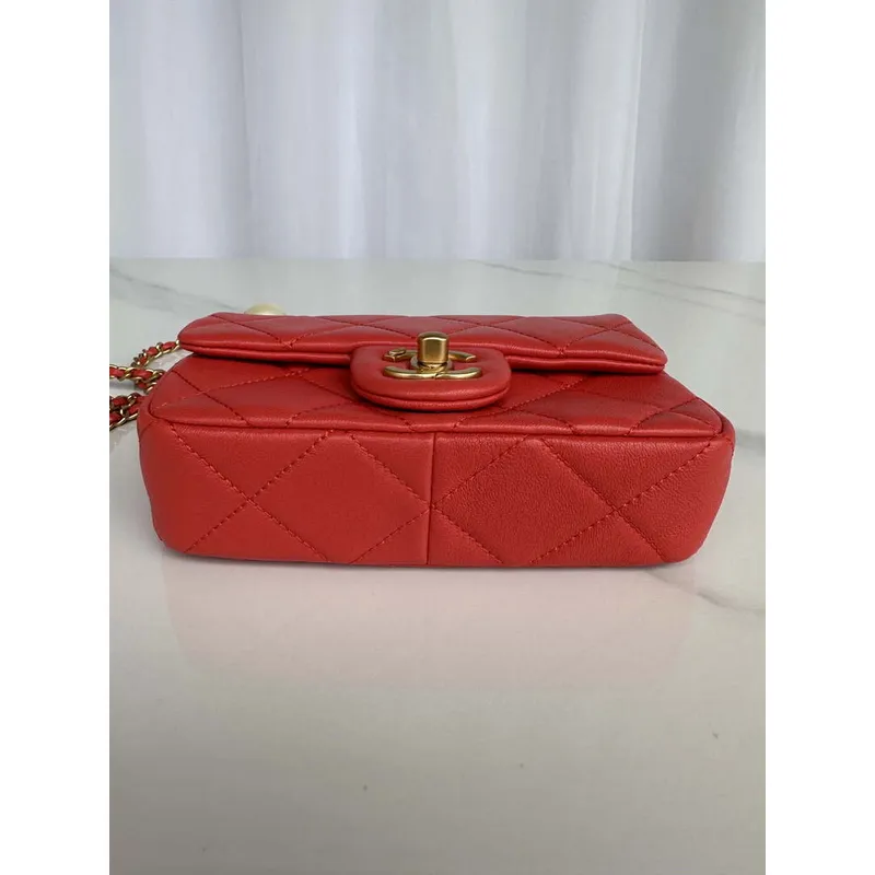 Chanel AS4868 Mini Flap Bag Pearly Lambskin Imitation Pearls & Gold Tone Metal Red