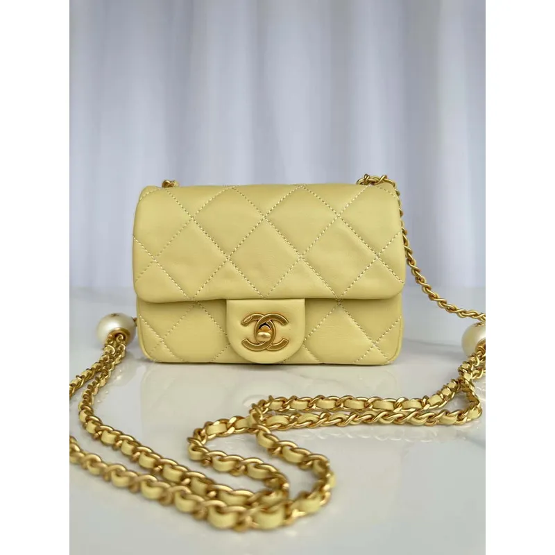 Chanel AS4868 Mini Flap Bag Pearly Lambskin Imitation Pearls & Gold Tone Metal Yellow