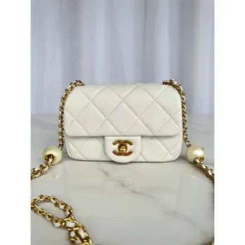 Chanel AS4868 Mini Flap Bag Pearly Lambskin Imitation Pearls & Gold Tone Metal White