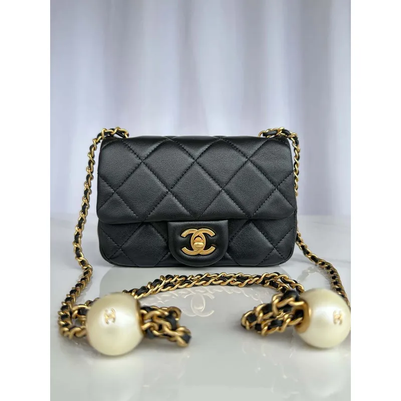 Chanel AS4868 Mini Flap Bag Pearly Lambskin Imitation Pearls & Gold Tone Metal Black
