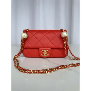 Chanel AS4861 Small Flap Bag Pearly Lambskin Imitation Pearls & Gold Tone Metal Red