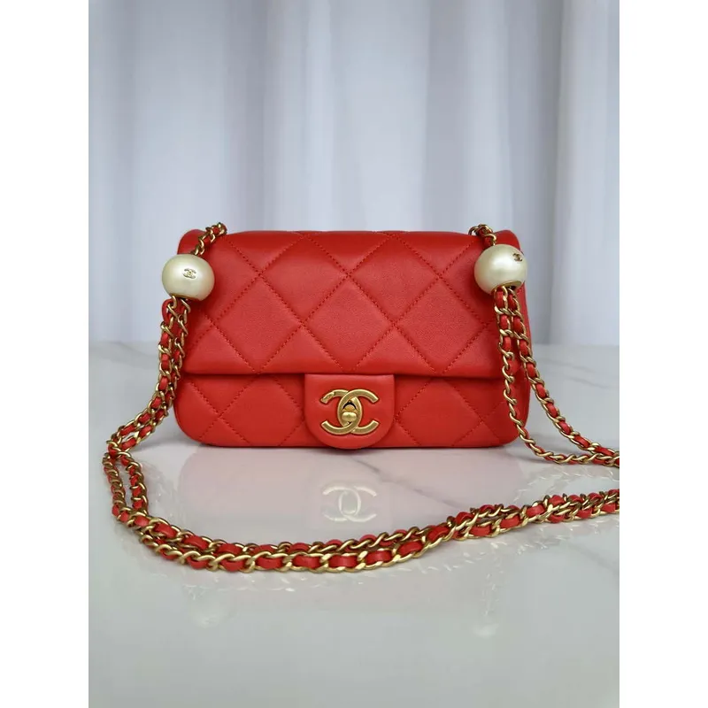 Chanel AS4861 Small Flap Bag Pearly Lambskin Imitation Pearls & Gold Tone Metal Red