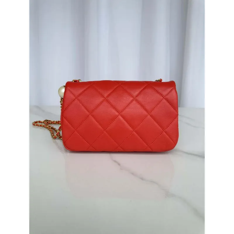 Chanel AS4861 Small Flap Bag Pearly Lambskin Imitation Pearls & Gold Tone Metal Red