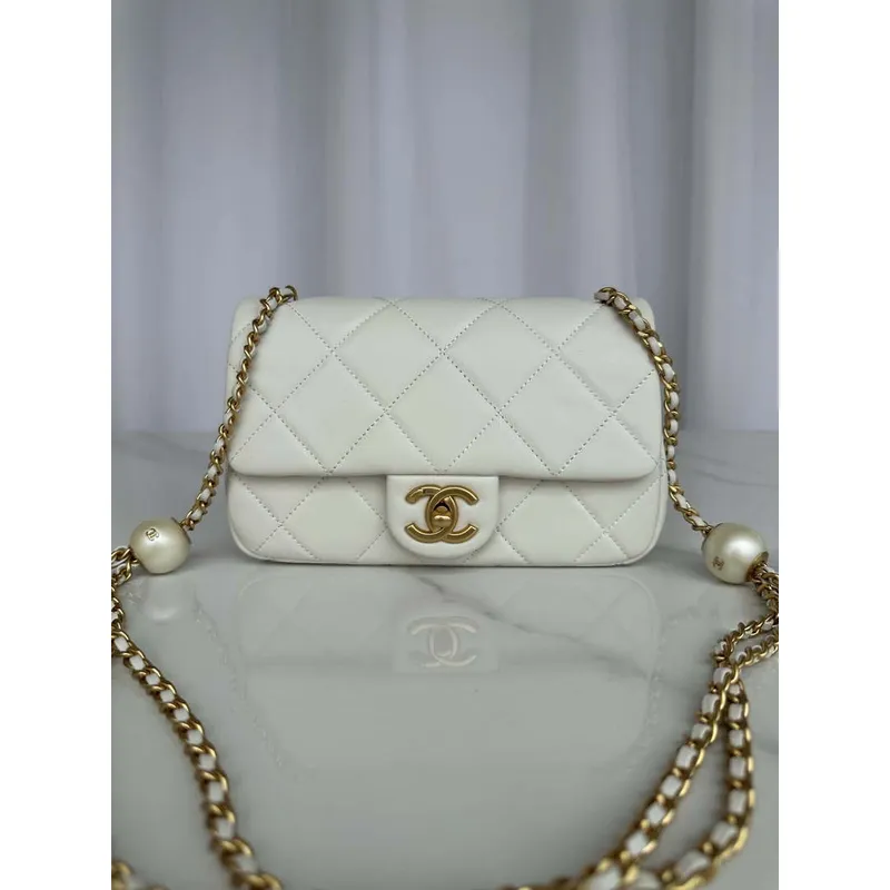 Chanel AS4861 Small Flap Bag Pearly Lambskin Imitation Pearls & Gold Tone Metal White