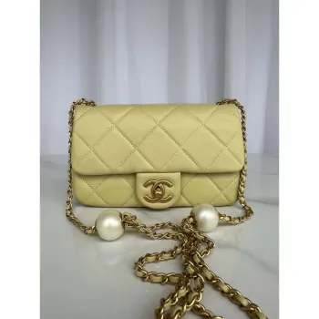 Chanel AS4861 Small Flap Bag Pearly Lambskin Imitation Pearls & Gold Tone Metal Yellow