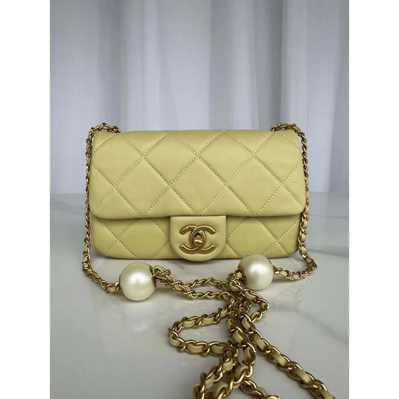 Chanel AS4861 Small Flap Bag Pearly Lambskin Imitation Pearls & Gold Tone Metal Yellow