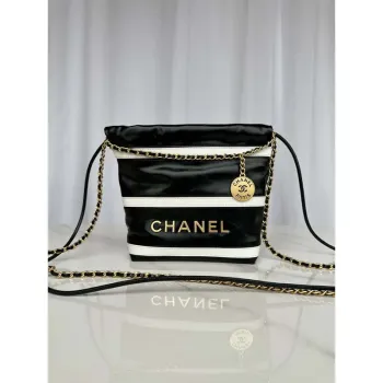 Chanel 22 Mini Handbag AS3980 Shiny Calfskin & Gold Tone Metal Black & White