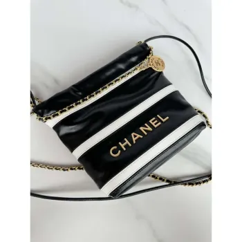Chanel 22 Mini Handbag AS3980 Shiny Calfskin & Gold Tone Metal Black & White