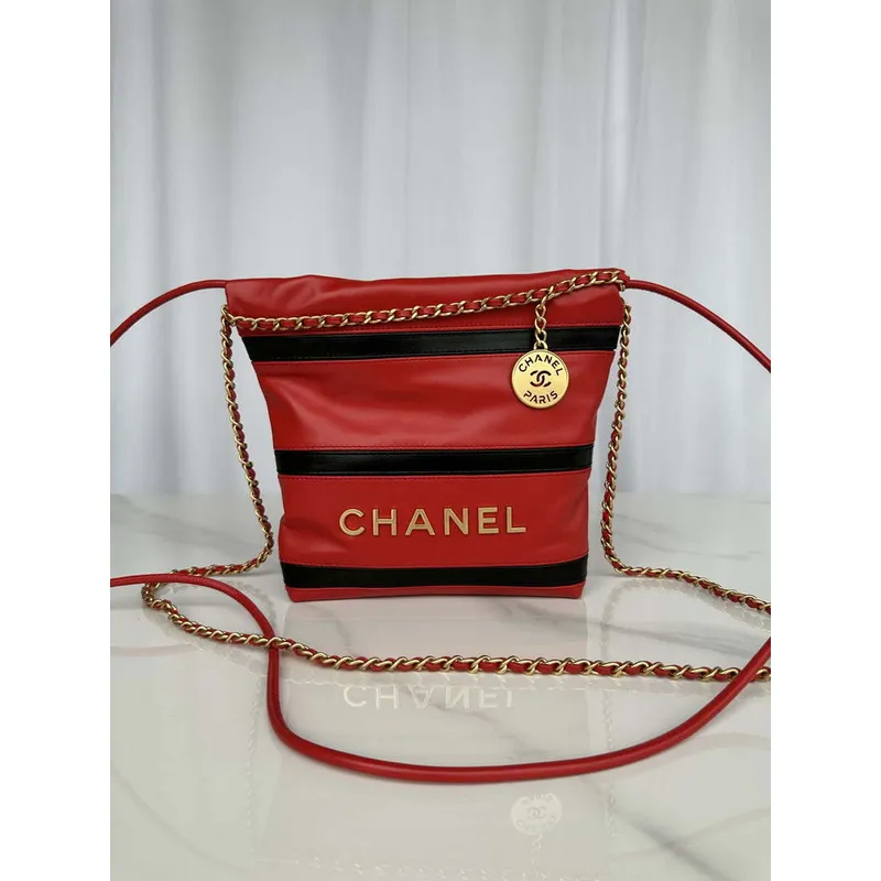 Chanel 22 Mini Handbag AS3980 Shiny Calfskin & Gold Tone Metal Red & Black