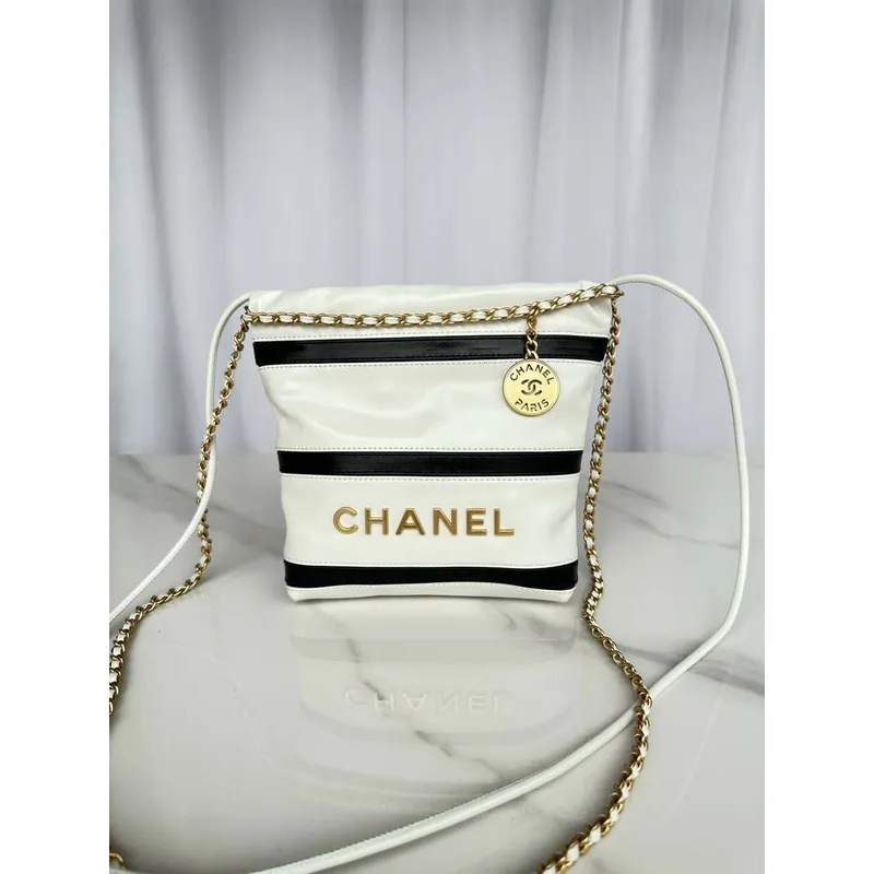 Chanel 22 Mini Handbag AS3980 Shiny Calfskin & Gold Tone Metal White & Black