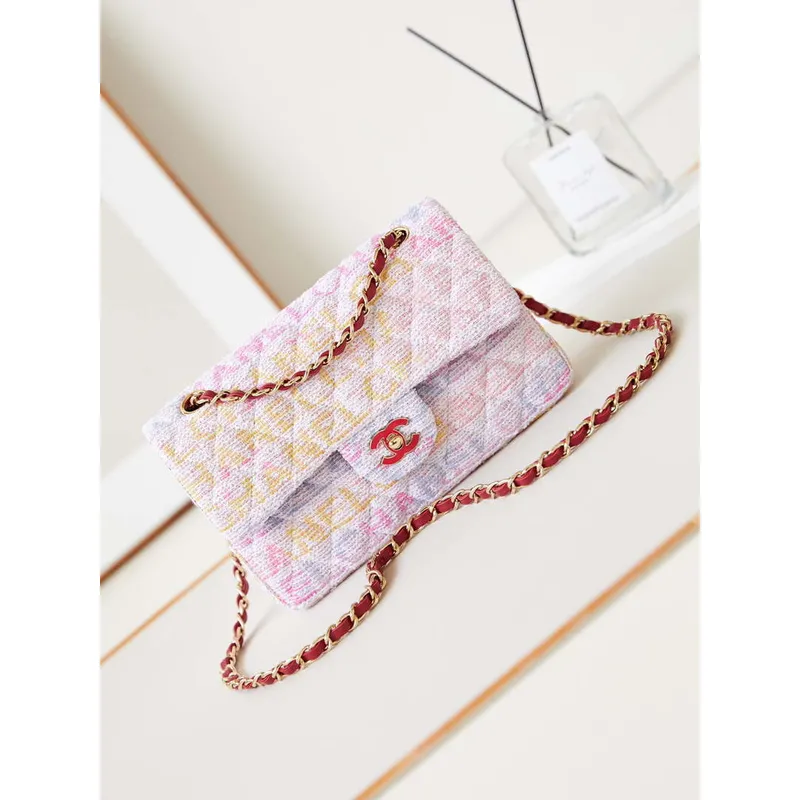Chanel 24C A01113 Flap Handbag Classic Bag Cotton Tweed A69900 Pink and White