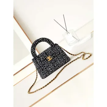 Chanel AS4416 Mini Shopping Bag Cotton Tweed & Gold Tone Metal Black and White