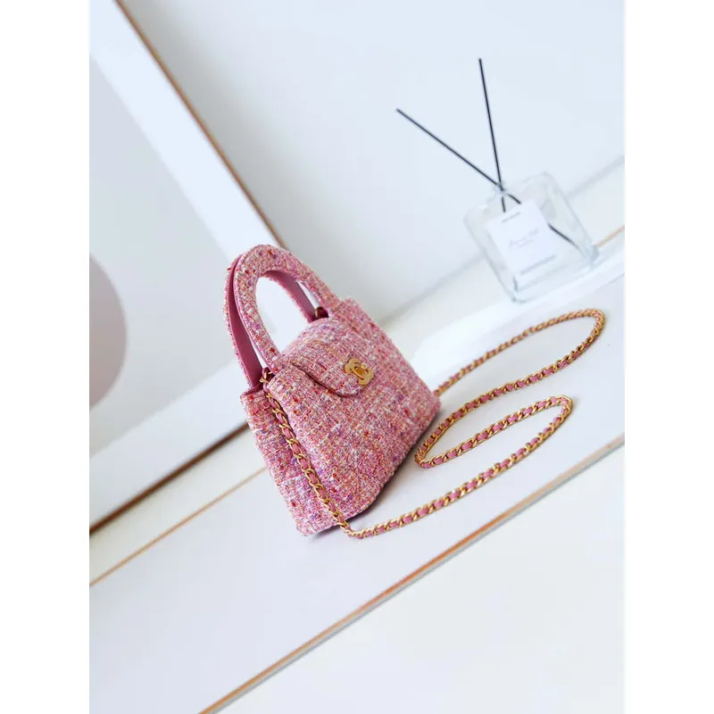 Chanel AS4416 Mini Shopping Bag Cotton Tweed & Gold Tone Metal Pink