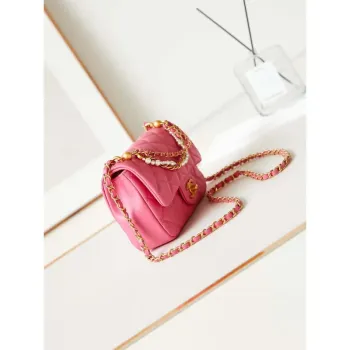 Chanel AS4385 Mini Flap Bag Pearly Lambskin Imitation Pearls & Gold Tone Metal Hot Pink