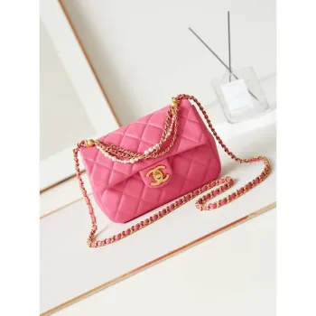 Chanel AS4384 Mini Flap Bag Pearly Lambskin Imitation Pearls & Gold Tone Metal Hot Pink