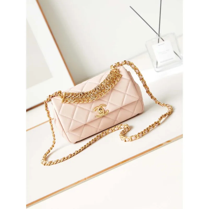 Chanel AS4595 MINI FLAP BAG Metallic Calfskin Diamante & Gold Tone Metal Light Pink
