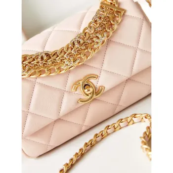 Chanel AS4595 MINI FLAP BAG Metallic Calfskin Diamante & Gold Tone Metal Light Pink