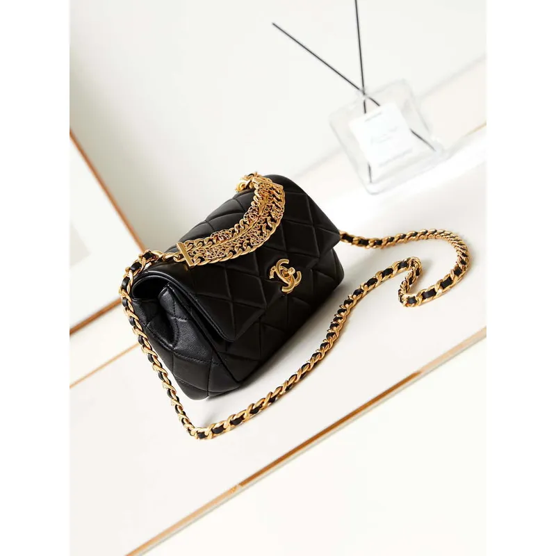 Chanel AS4595 MINI FLAP BAG Metallic Calfskin Diamante & Gold Tone Metal Black