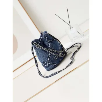 Chanel AS3980 22 Mini Handbag Silver Tone Metal Canvas Blue Denim