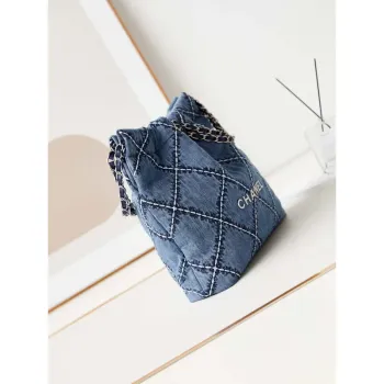 Chanel AS3260 22 Small Handbag Silver Tone Metal Canvas Blue Denim