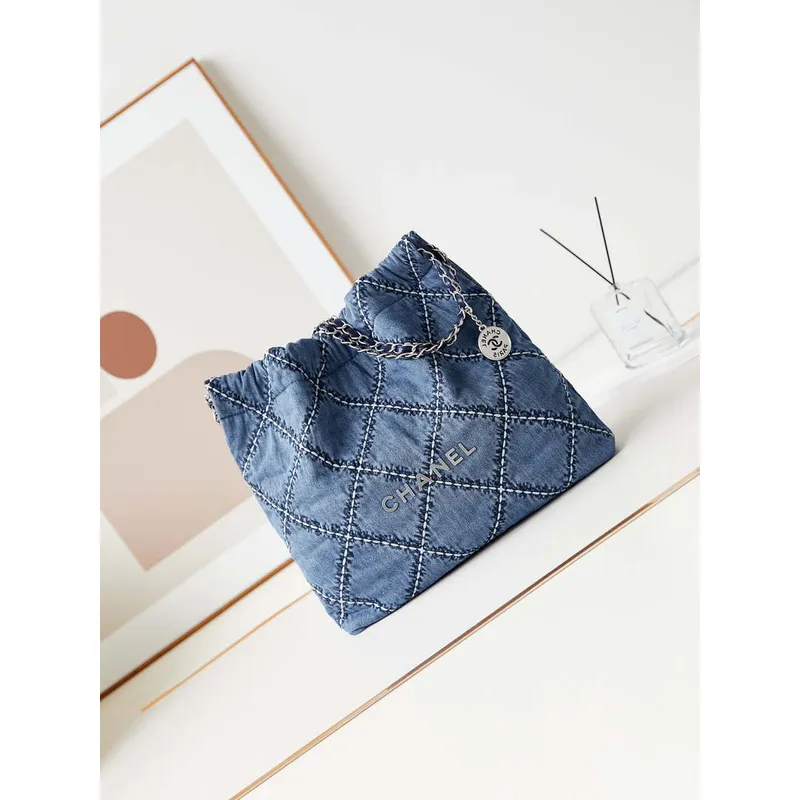 Chanel AS3261 22 bag Silver Tone Metal Canvas Blue Denim