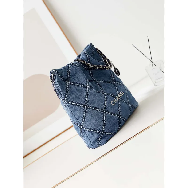 Chanel AS3261 22 bag Silver Tone Metal Canvas Blue Denim